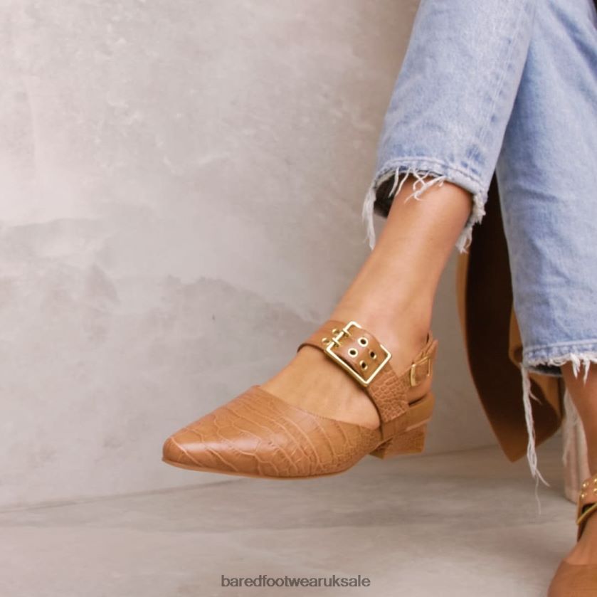Tan Croc Emboss Leather Ballet Flats Women Bared Footwear N06D2V259 Ruby